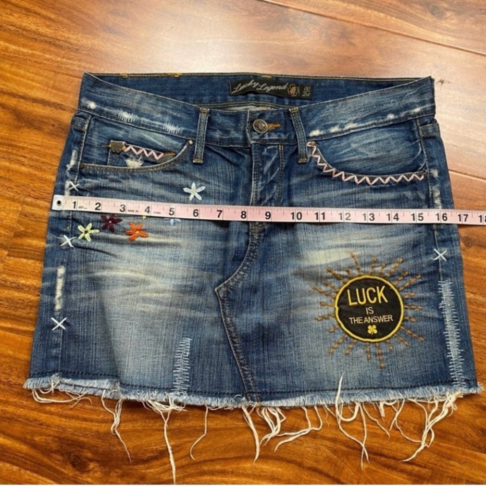Lucky Brand Y2K Zoe Embroidered Patchwork Denim Mini Skirt Size 00 Boho Western - Picture 15 of 16